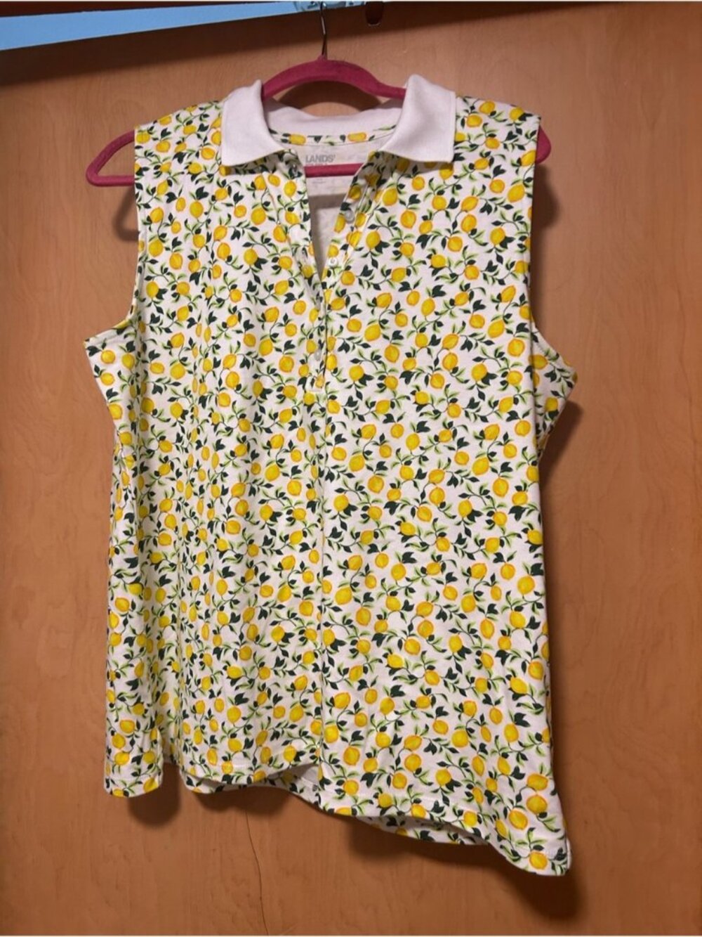 Lands' End Sleeveless Lemon-Print Polo Tank Top - White & Yellow nwot